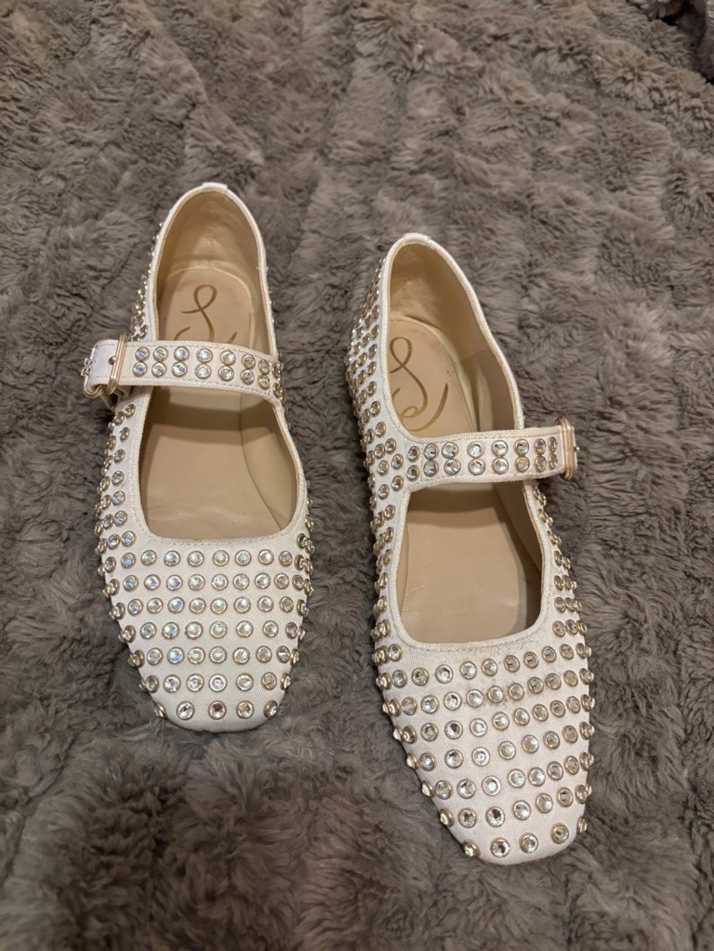 Embellished Mary Jane Flats in Off-White